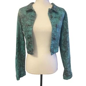 LAVORO teal python print denim cropped jacket size 3